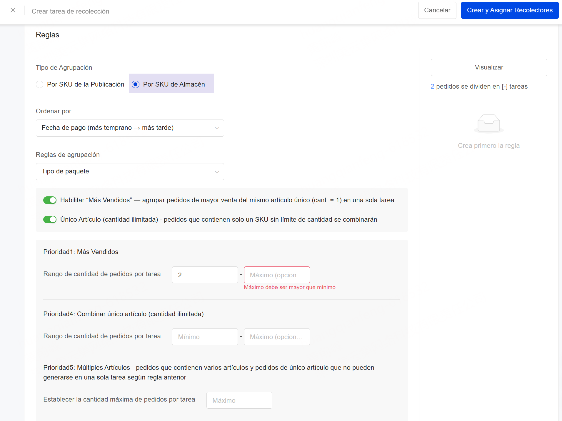 Tipo de Agrupación: por SKU de Almacén