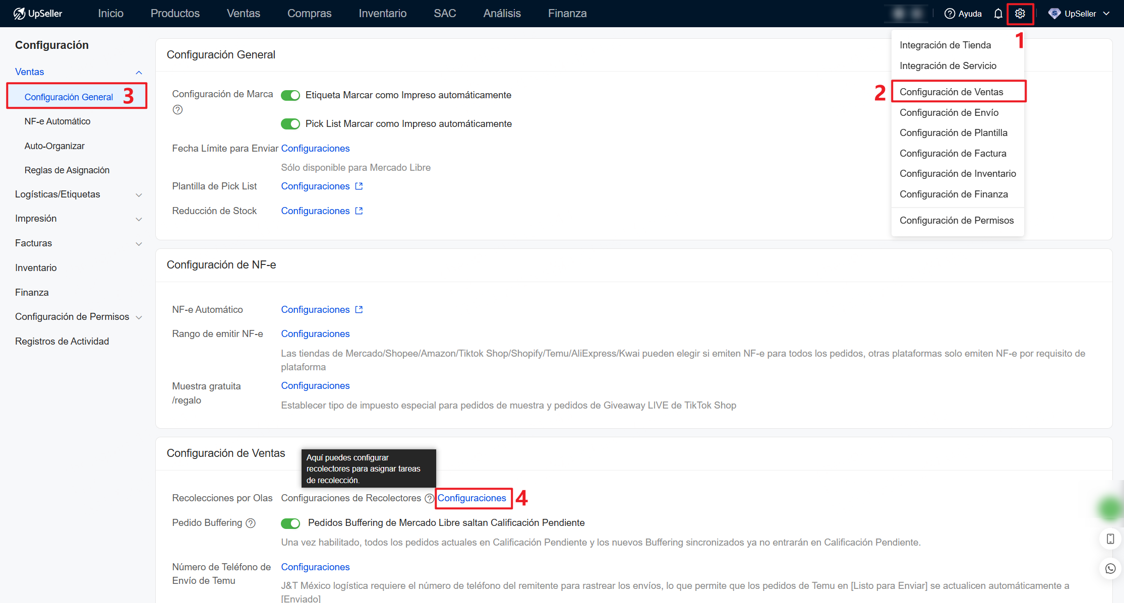 Entrada 1: Haz clic Configuraciones>> Configuración de Ventas >> Configuración General >> Encuentra Recolecciones por Olas y haz clic en Configuraciones.