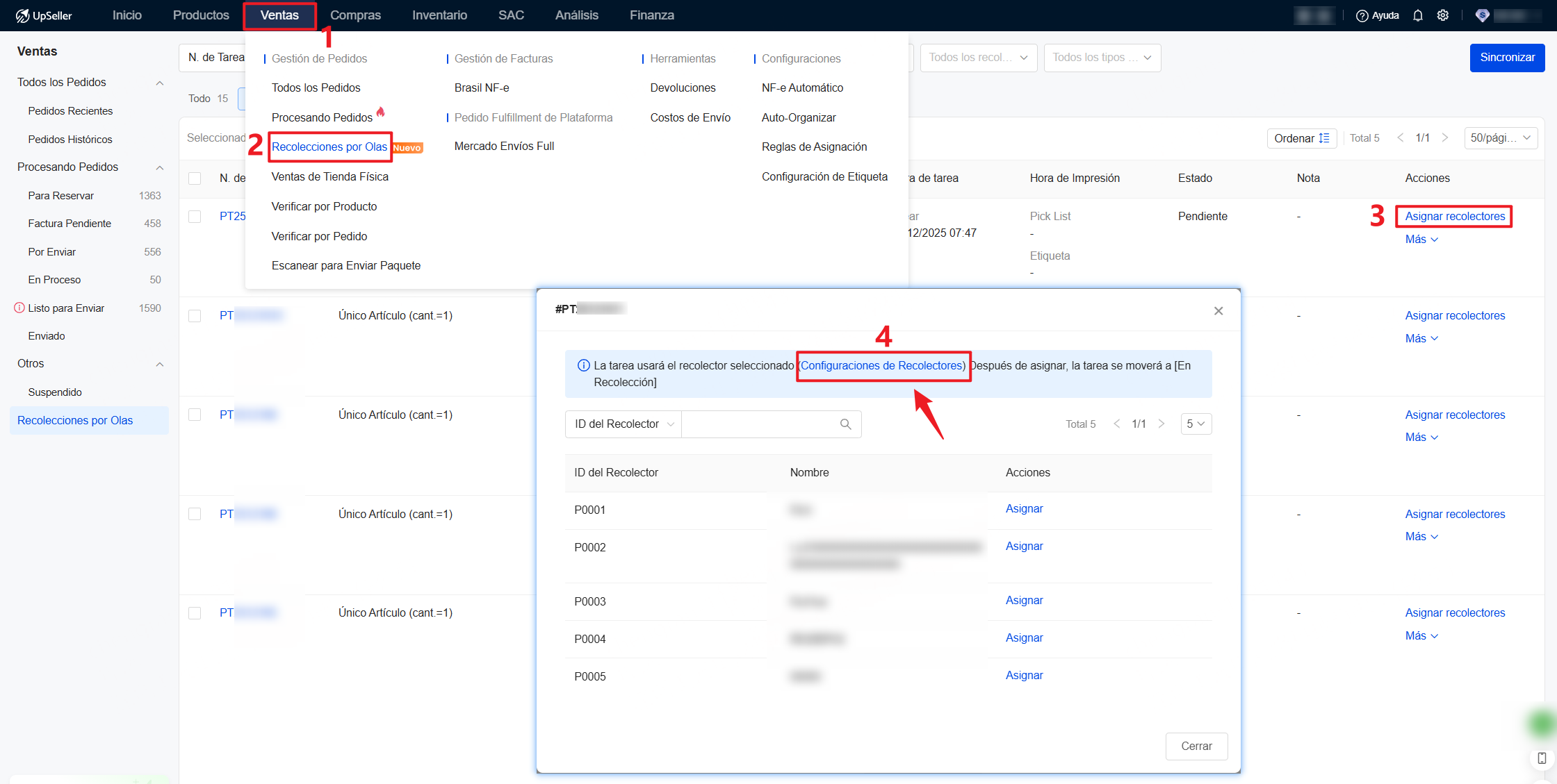 Entrada 2: Ventas >> Recolecciones por Olas >> Asignar recolectores >> Configuraciones de Recolectores