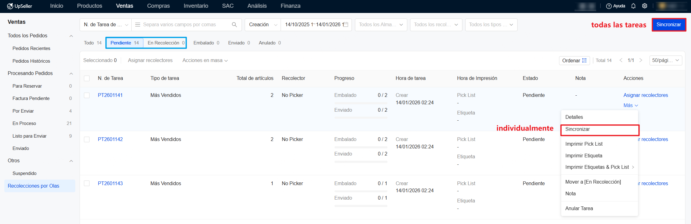 En los estados de Pendiente y En Recolección, puedes sincronizar manualmente el estado de los pedidos para evitar duplicar procesar aquellos que ya están en Listo para Enviar