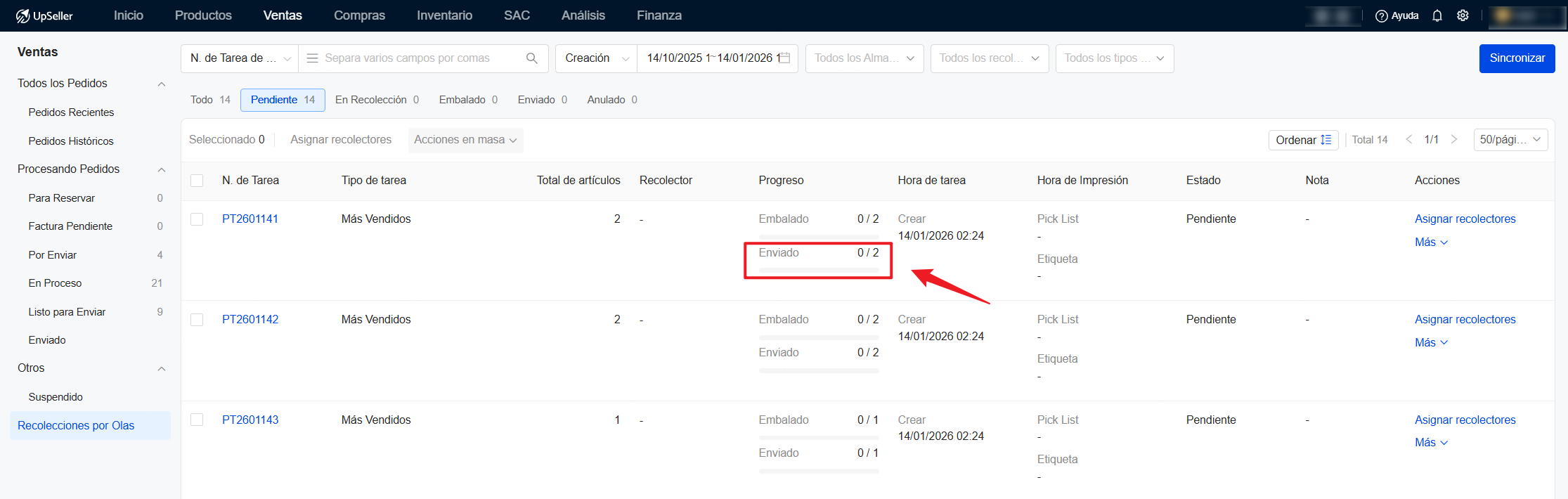 Puedes revisar el progreso [Enviado] para identificar qué pedidos dentro de tarea siguen sin enviarse y requieren atención especial