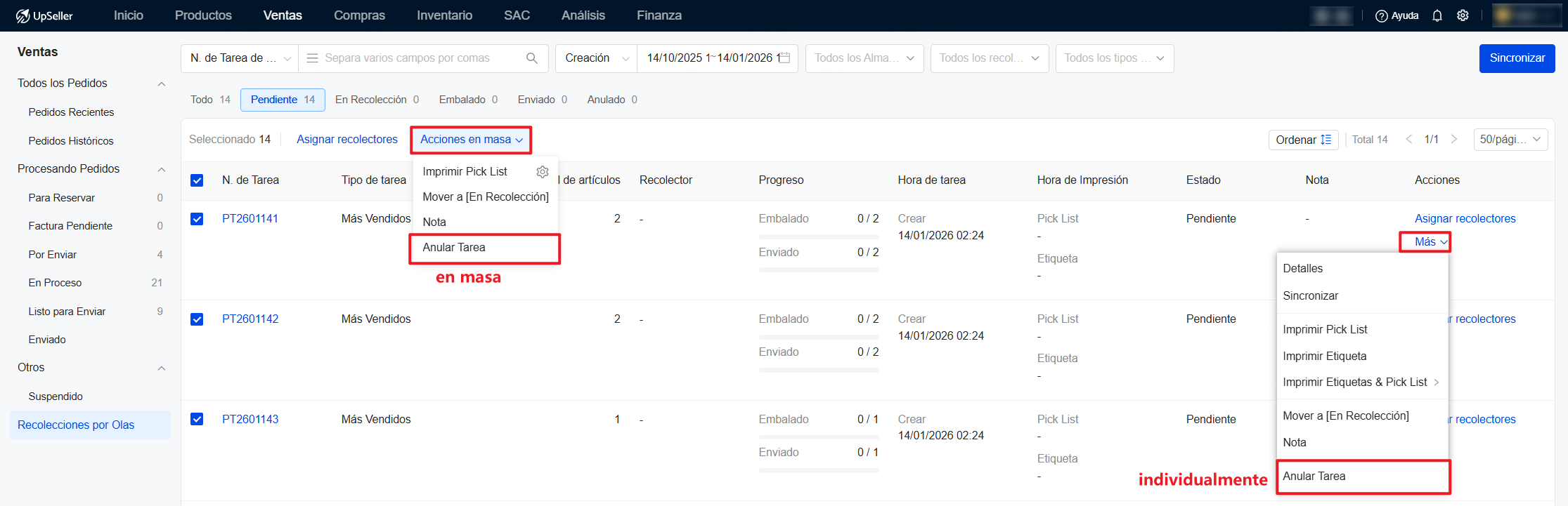 Las tareas con estado [Pendiente] o [En Recolección] pueden anularse si no se requiere ninguna acción adicional