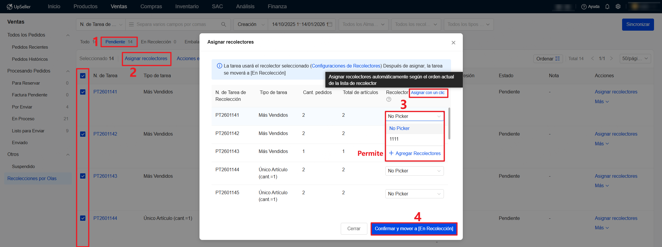 Selecciona tareas >> Haz clic en Asignar Recolectores >> Elige recolector manualmente o usa Asignar con un clic >> Confirmar y mover a En Recolección