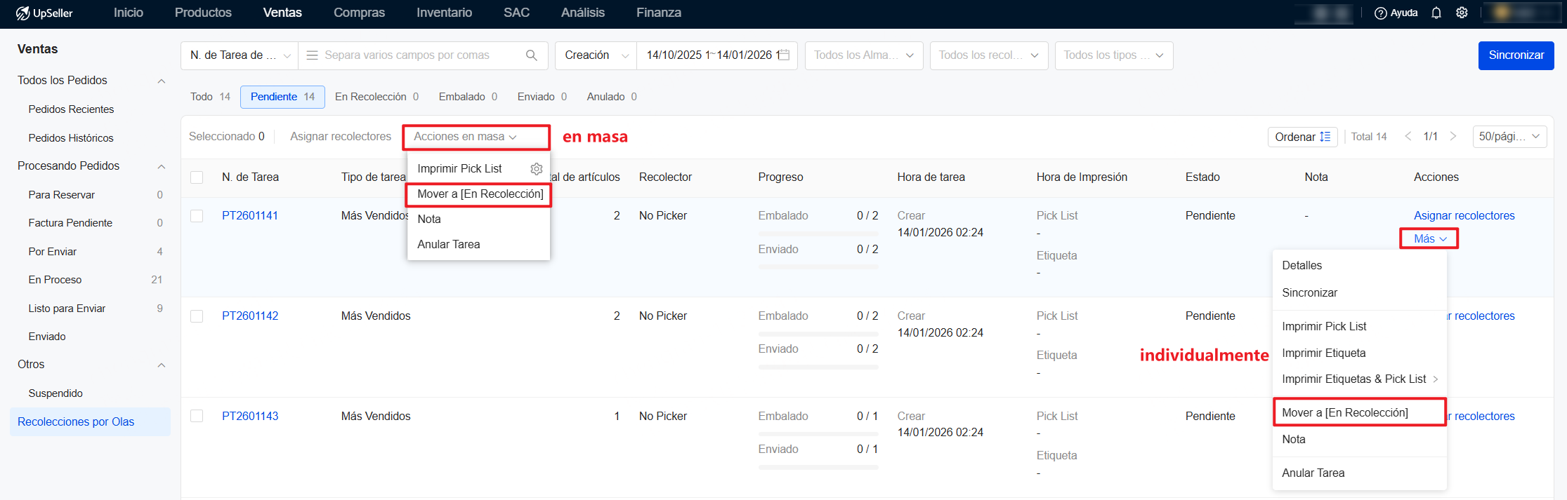 Puedo mover tareas de Pendiente a En Recolección sin asignar recolector?