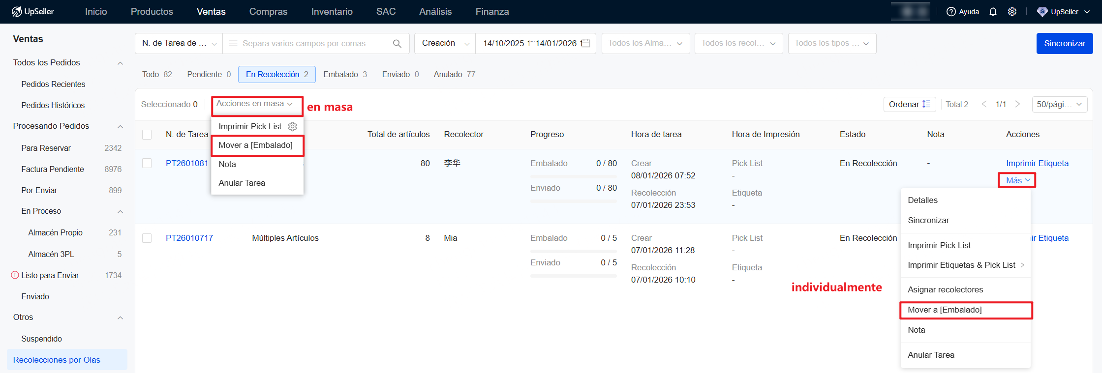Puedo mover tareas de En Recolección a Embalado manualmente?
