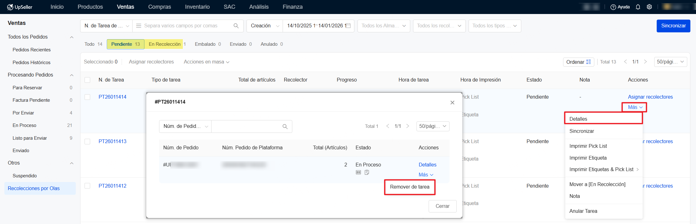 Individual: Selecciona tarea en Pendiente o En Recolección >> Más >> Detalles >> Selecciona pedidos que quieres mover y haz clic en Más >> Remover de tarea