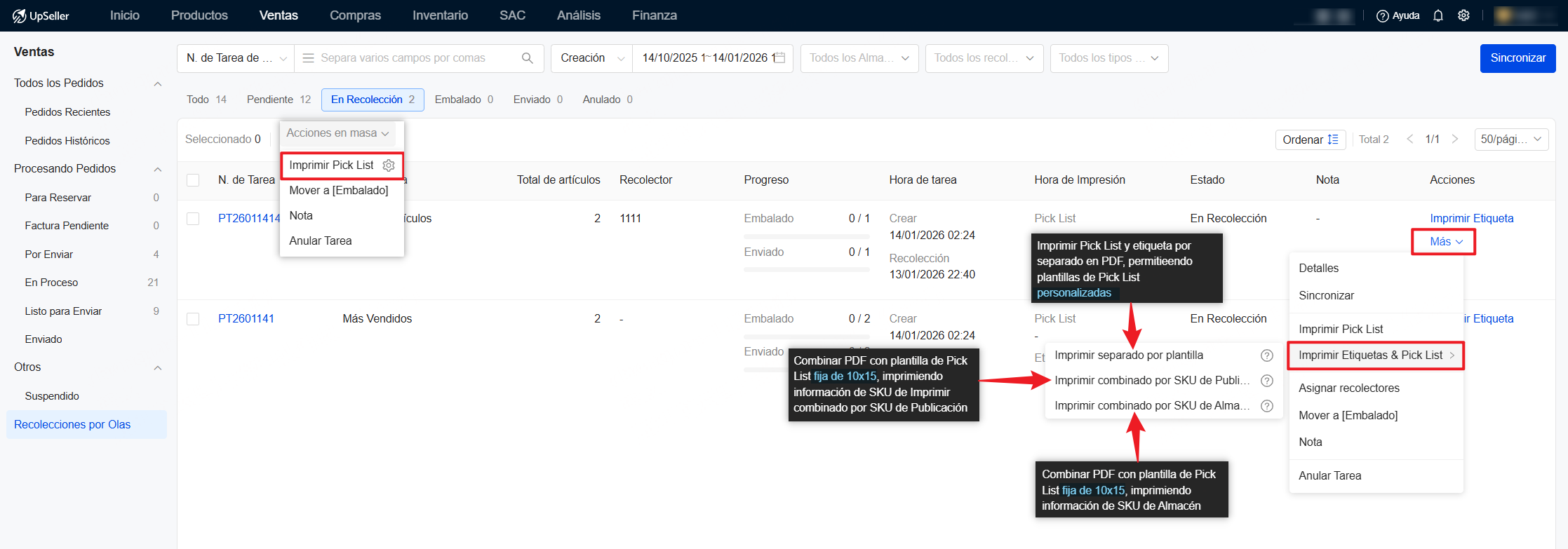 Selecciona tarea >> Haz clic en Más >> Imprimir Etiquetas & Pick List >> Genera PDF e imprímelo.