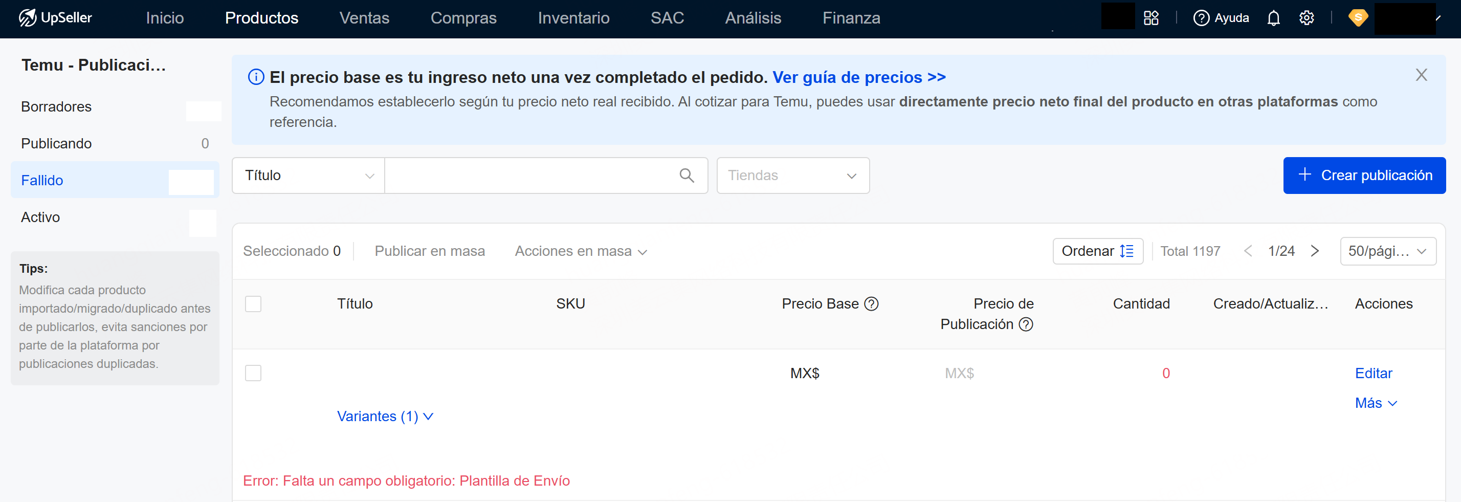 Error: Falta un campo obligatorio: Plantilla de Envío