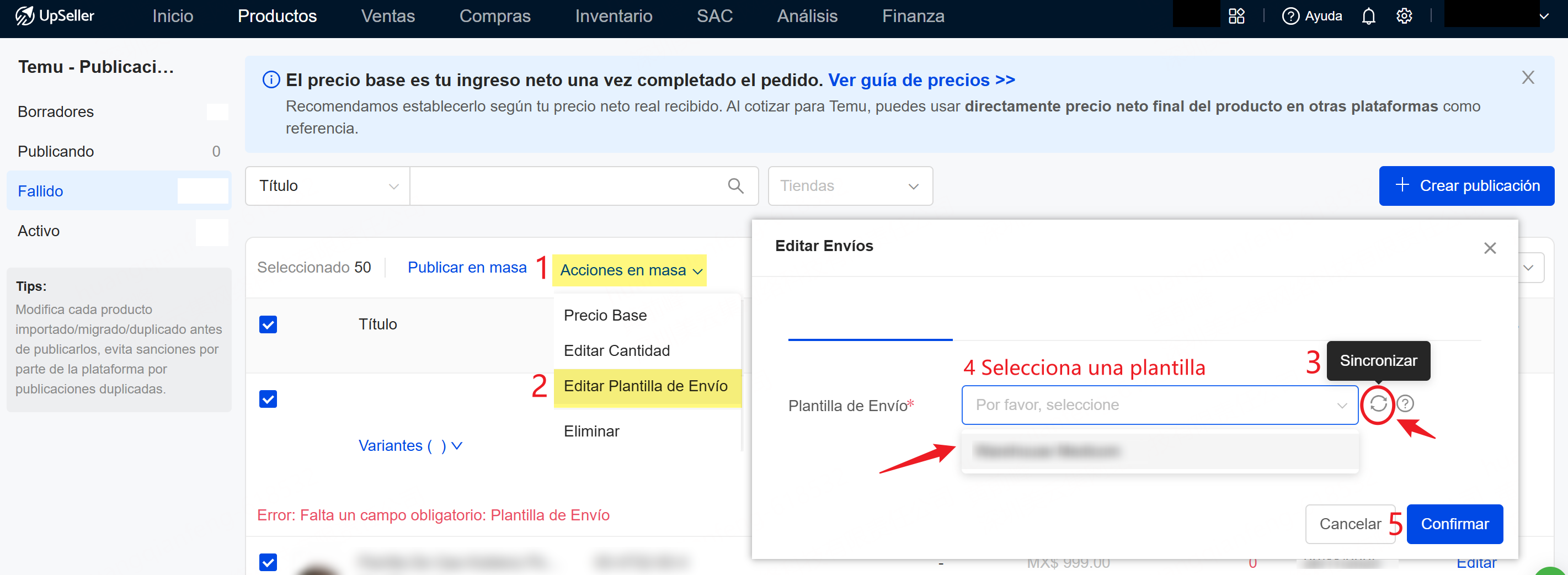 Haz clic en Acciones en masa​​​​​​​ >> ​​​​​​​Editar Plantilla de Envío​​​​​​​  >> ​​​​​​​Sincronizar >> Selecciona una plantilla 