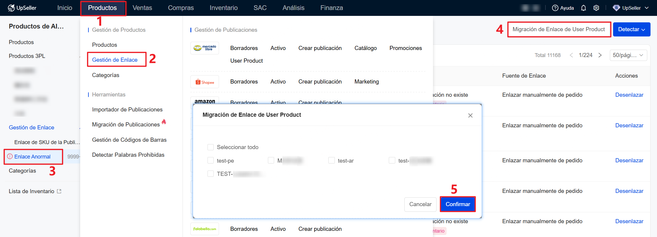 Producto >> Gestión de Enlace >> Enlace Anormal >> Migración de Enlace de User Product >> Selecciona tienda a la que deseas migrar enlace