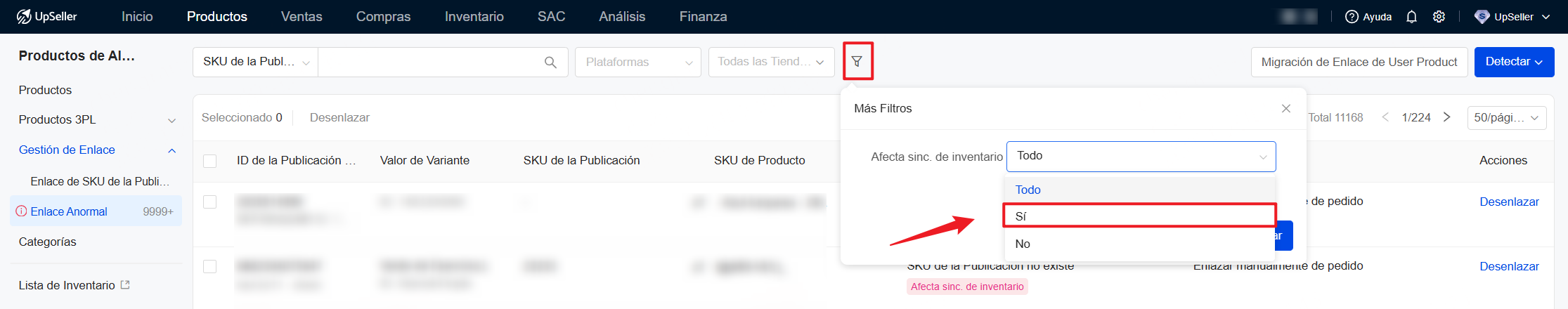 Haz clic en Más Filtros >> Selecciona Sí para filtrar los que afectan a sincronización de inventario