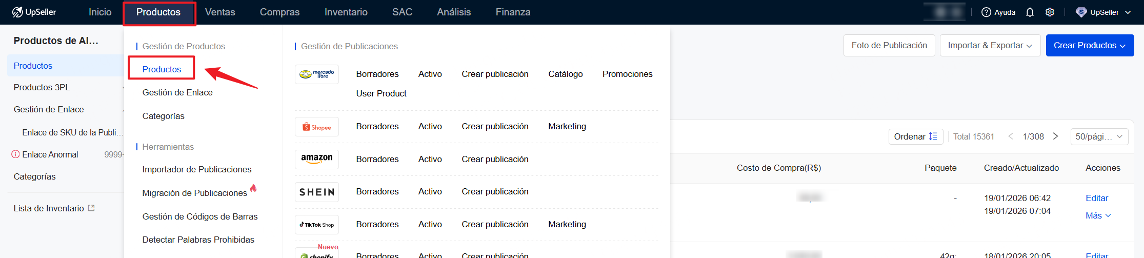 Haz clic en Productos >> Productos