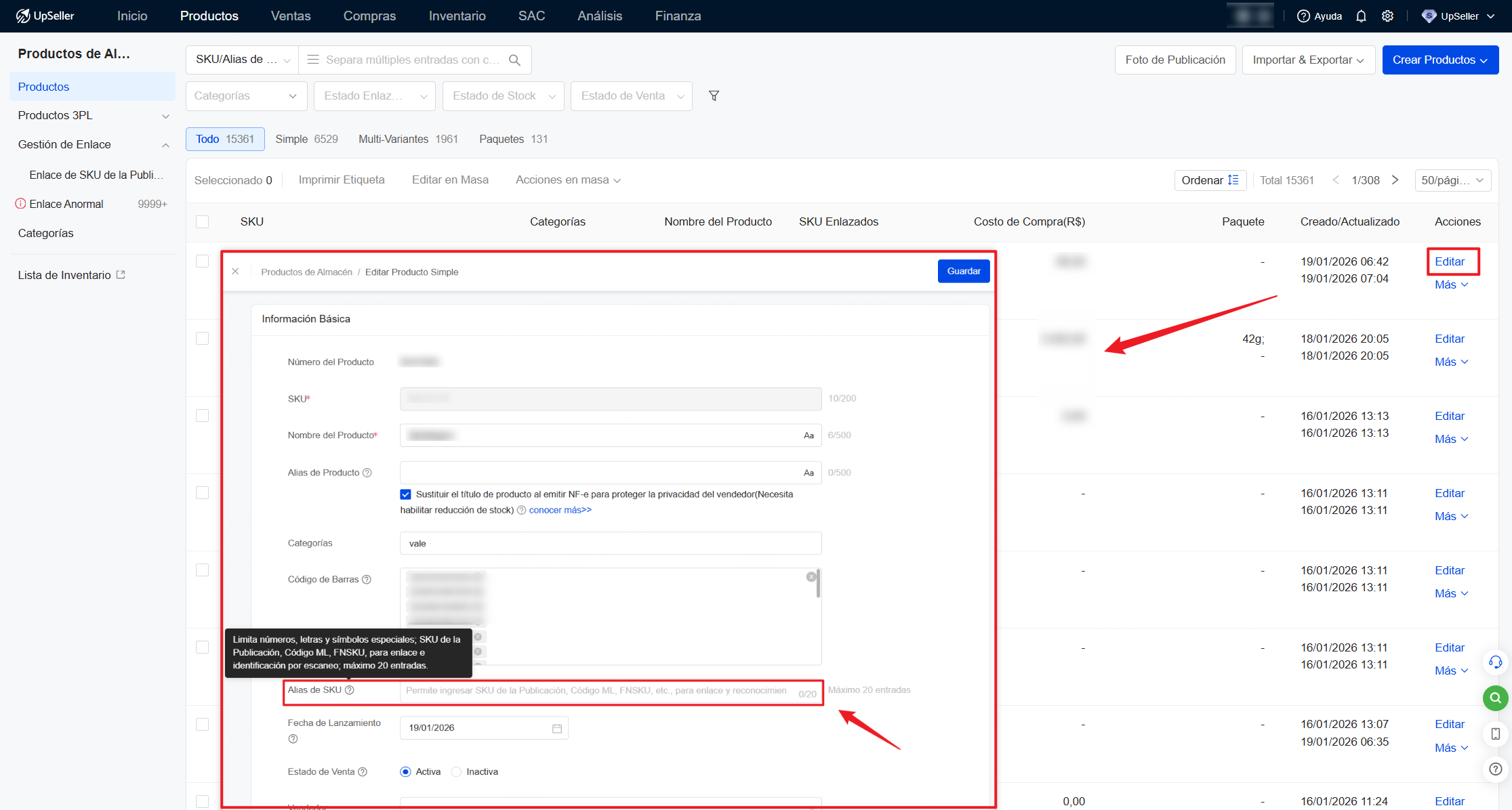 Puedes configurar Alias de SKU mediante forma de edición individual