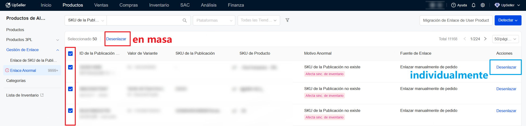 Desenlazar en masa/individualmente