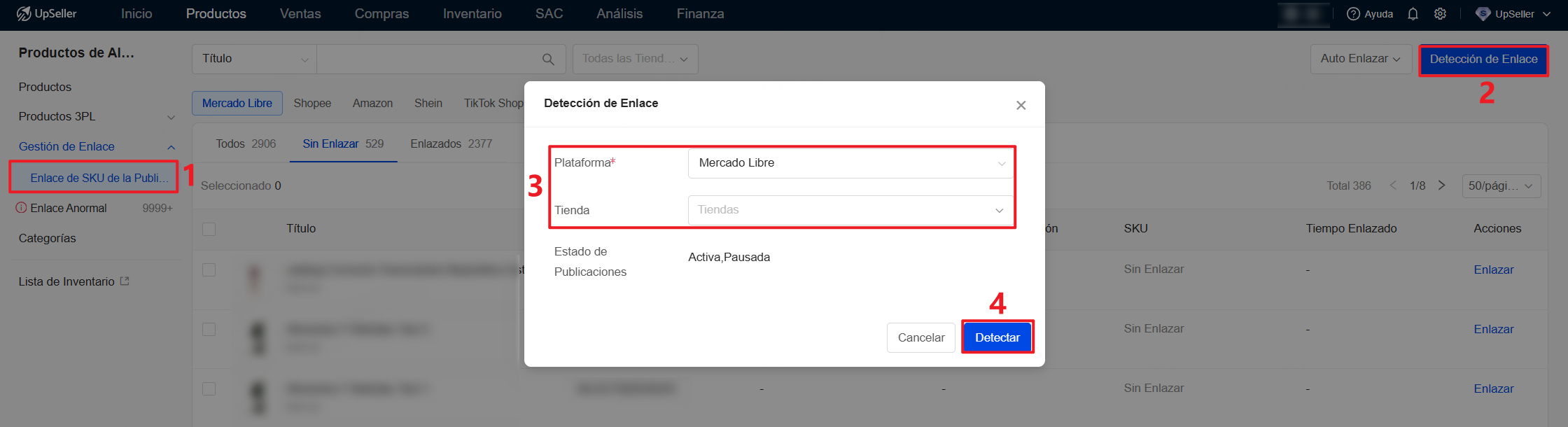 Haz clic en Enlace de SKU de la Publicación >> Detección de Enlace >> Selecciona la plataforma y la tienda >> Detectar