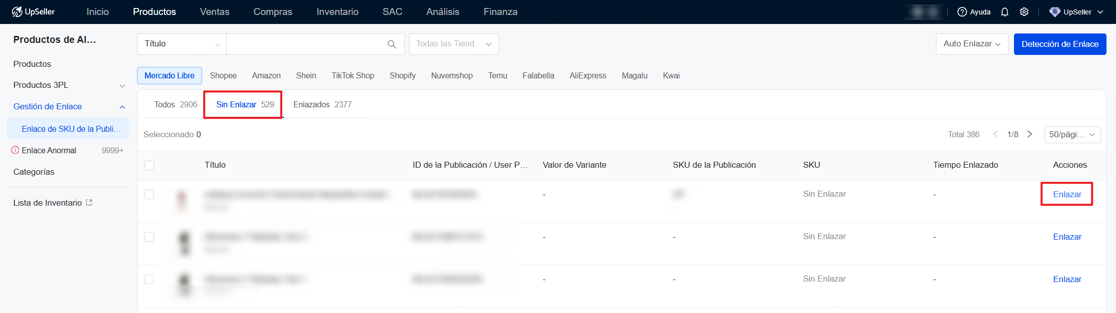 Ve a la lista de Sin Enlazar de la plataforma correspondiente, selecciona publicacióno y haz clic en Enlazar para restablecer relación de enlace