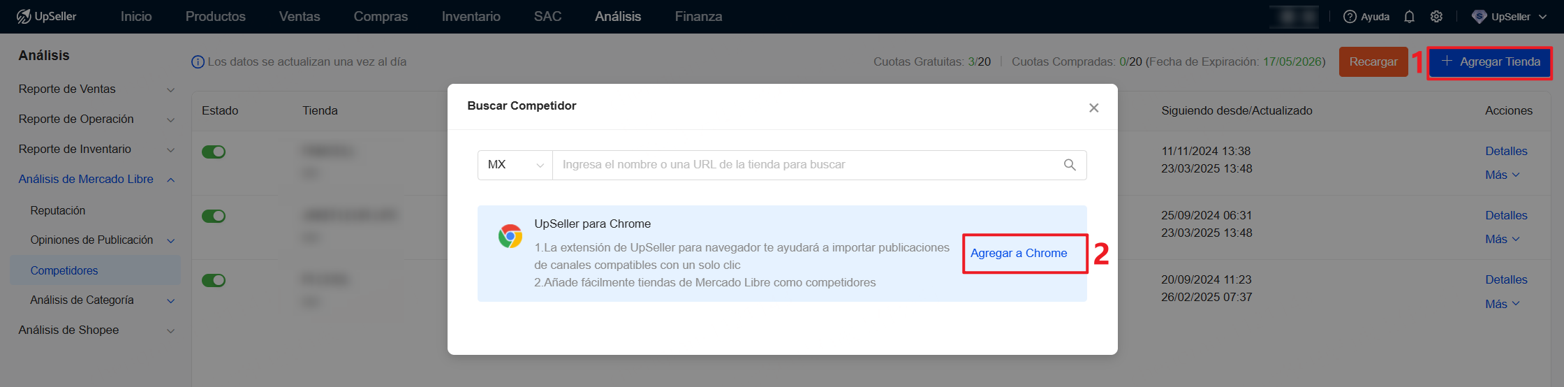 Haz clic en Agregar Tienda >> Agregar a Chrome. Usa Extensión de UpSeller para agregar tiendas rápidamente