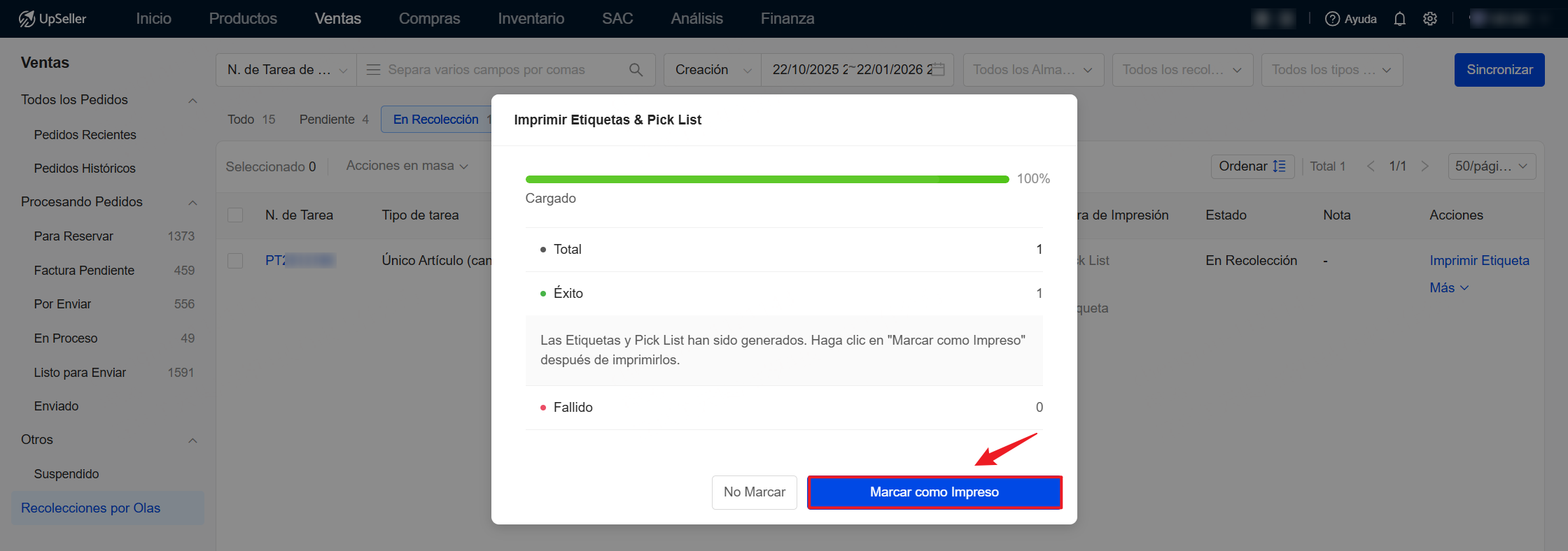 Después de imprimir Etiquetas & Pick List, haz clic en Marcar como impresa, el pedido se moverá a Embalado