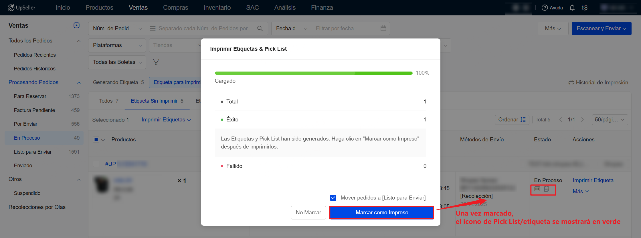 Después de completar impresión, haz clic en "Marcar como impreso".