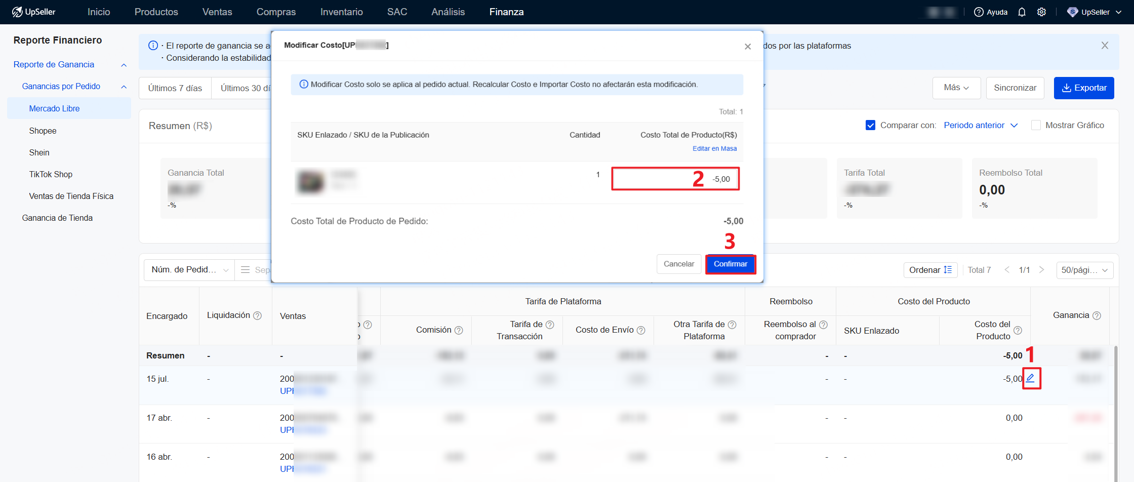 Modifica el costo del producto