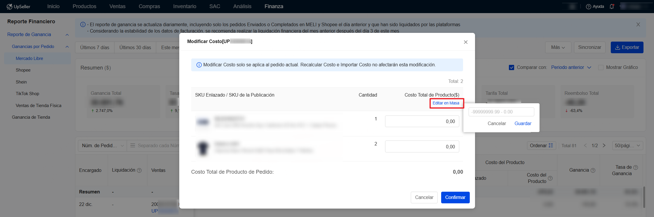  Si hay múltiples SKU en un pedido, puedes editarlos en masa