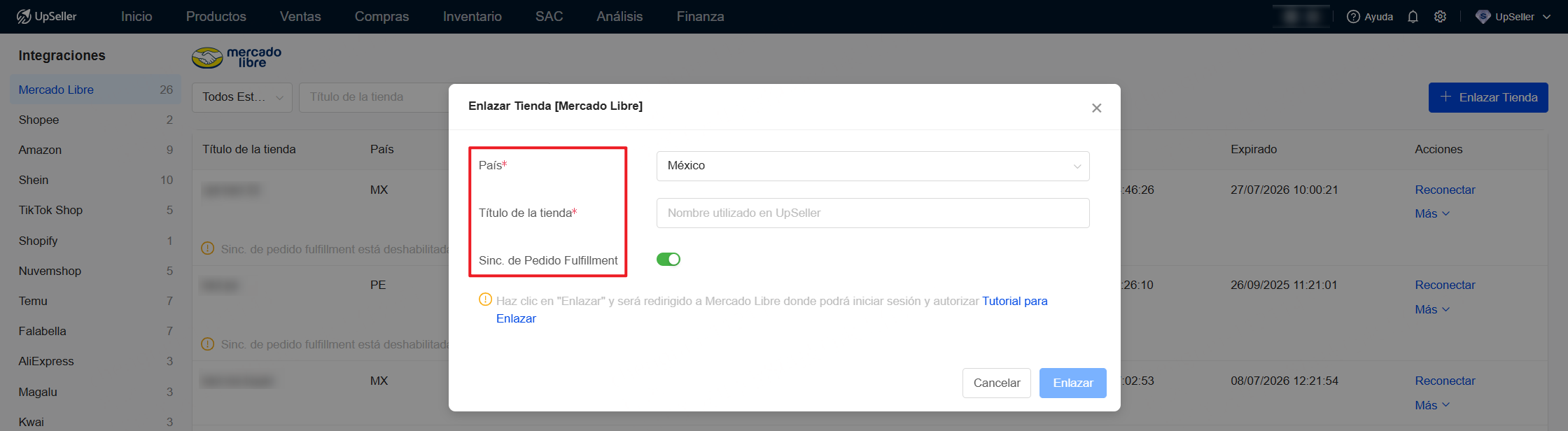 Selecciona el país >> ingresa el título de la tienda (solo utilizado en UpSeller para identificar tu tienda) >> Selecciona si deseas habilitar Sinc. de Pedido Fulfillment >> Haz clic en Enlazar