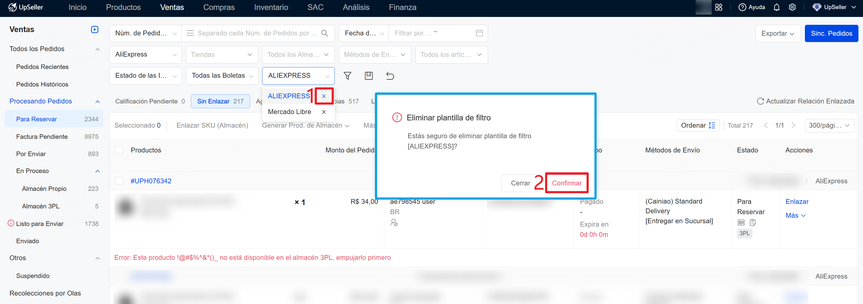 Cómo eliminar plantilla de filtro de pedidos