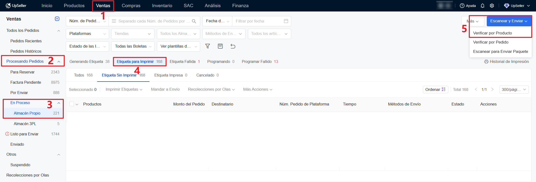 Entrada 2: Ventas >> Procesando Pedidos >> En Proceso >> Etiqueta para Imprimir >> Verificar por Producto