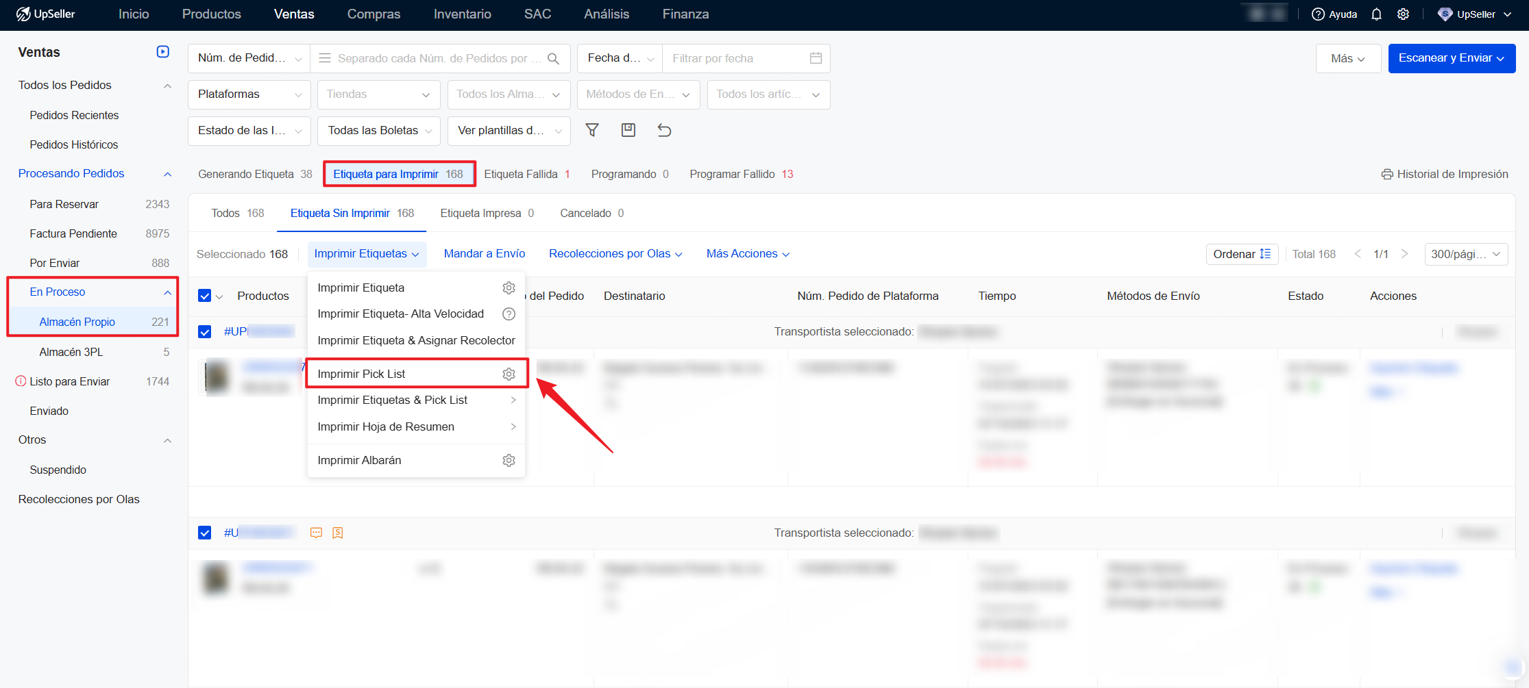Ve a la sección En Proceso, seleciona pedido para imprimir Pick List