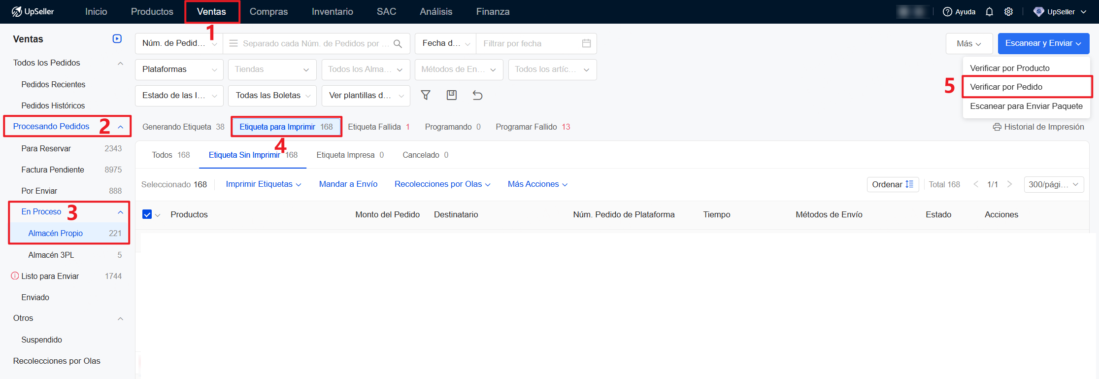 Entrada 2: Ventas >> Procesando Pedidos >> En Proceso >> Etiqueta para Imprimir >> Verificar por Pedido