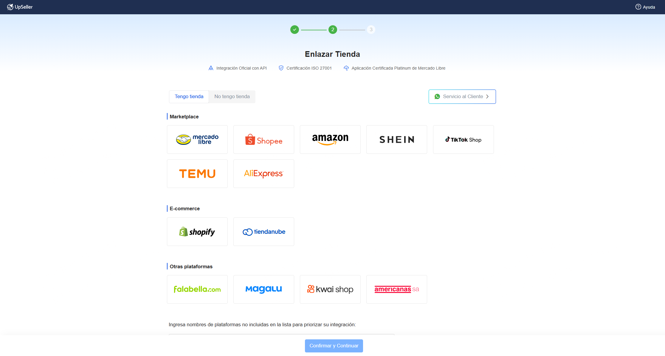 Senecciona la tienda que necesitas enlazar y será redirigido a la página de autorización. Después de completar la autorización de la tienda, haz clic nuevamente en el ícono de la plataforma para autorizar más tiendas; o selecciona "No tengo tienda", completa el motivo y haz clic en "Confirmar y Continuar" para pasar al siguiente paso.