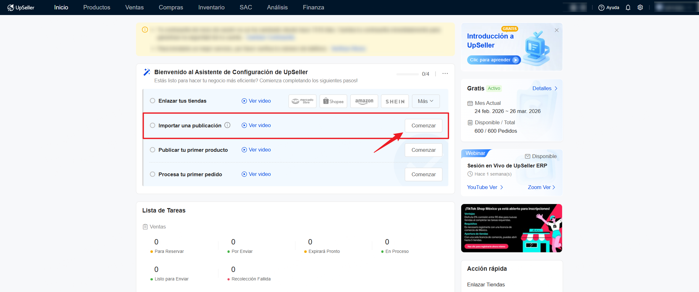 Haciendo clic en este paso para comenzar, será redirigido a la Lista de Importación.