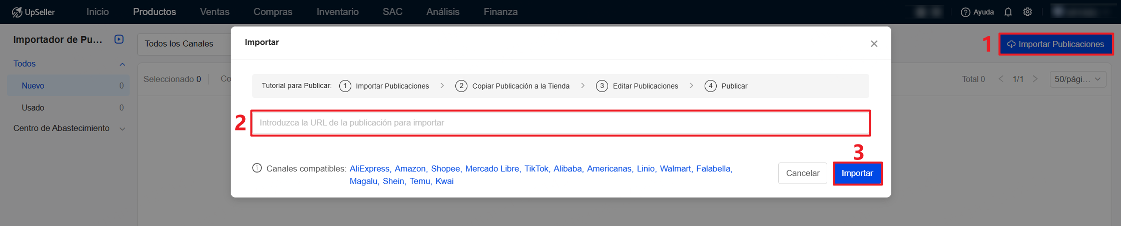 En la Lista de Importación haz clic en "Importar Publicaciones" y pega el enlace de la publicación obtenida de las plataformas compatibles. Al final haz clic en Importar.