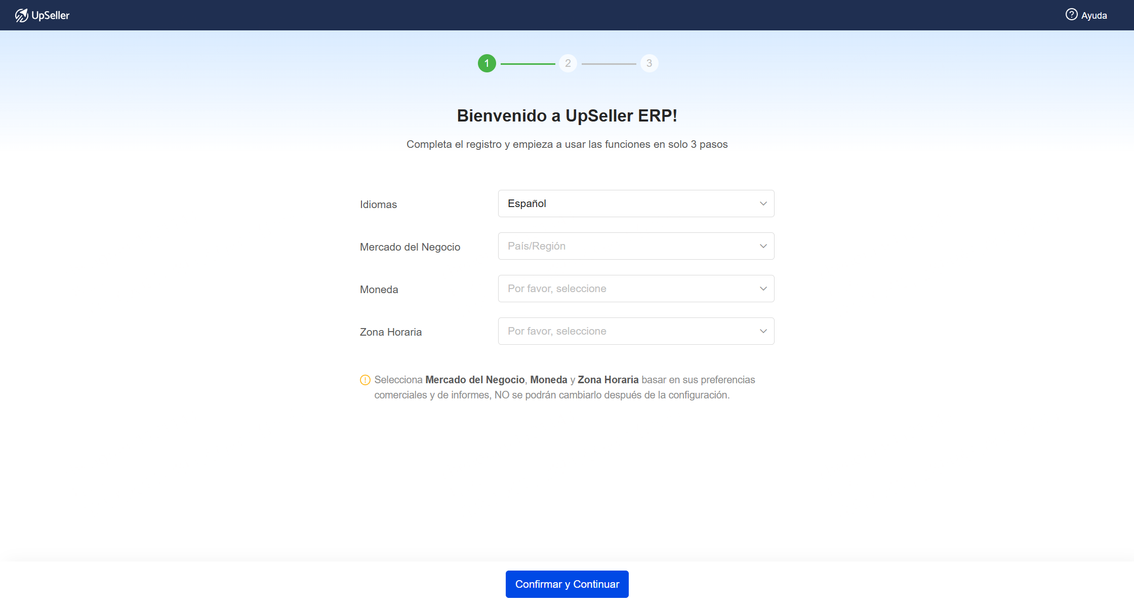 Después de haber completado el registro, deberás elegir Idioma, Mercado del Negocio, Moneda y Zona Horaria. Los datos seleccionados se utilizarán de referencia para la cuenta actual.