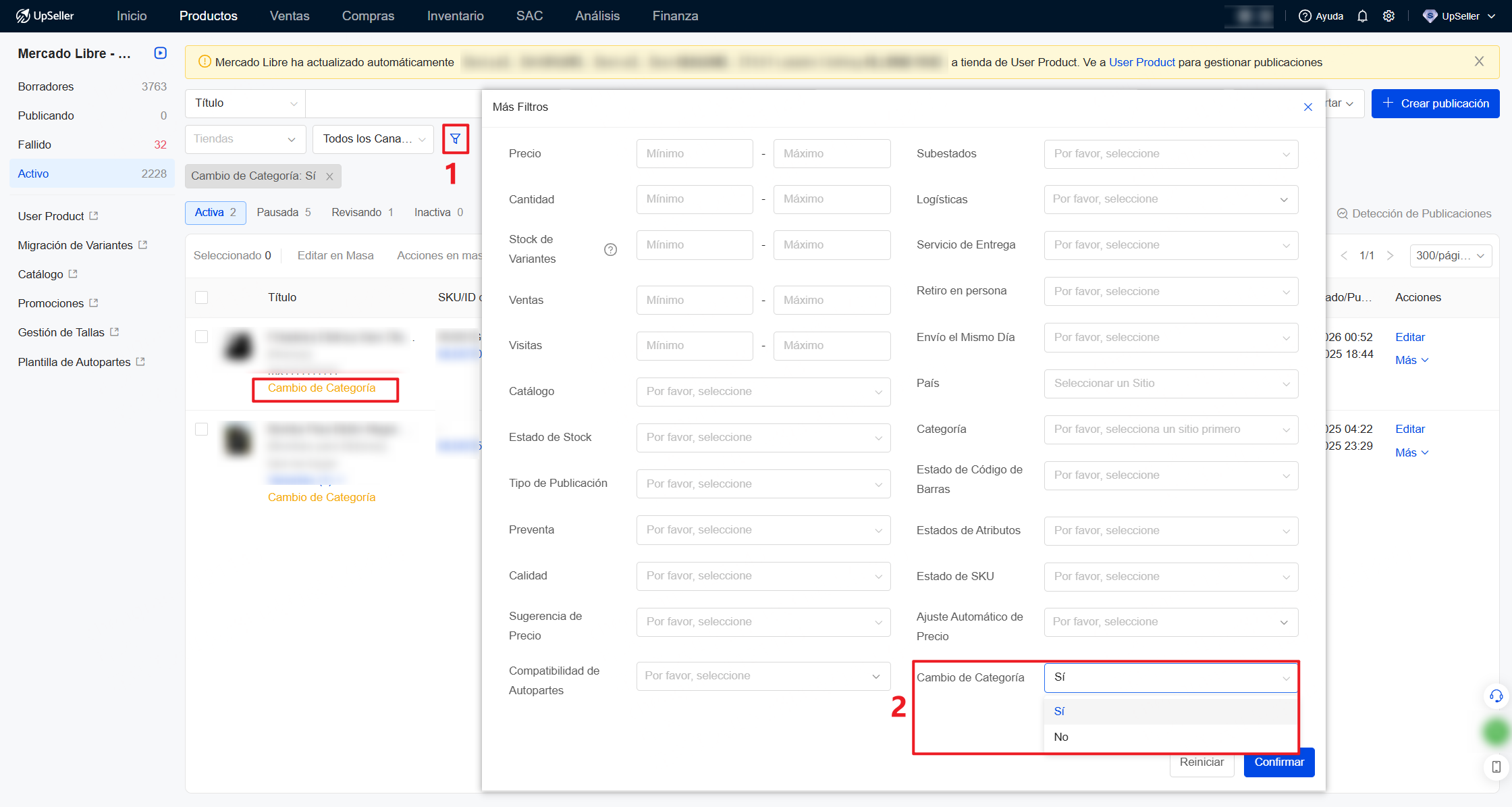 Haz clic en Más Filtros, puedes seleccionar rápidamente publicaciones activas cuya categoría ha sido modificada