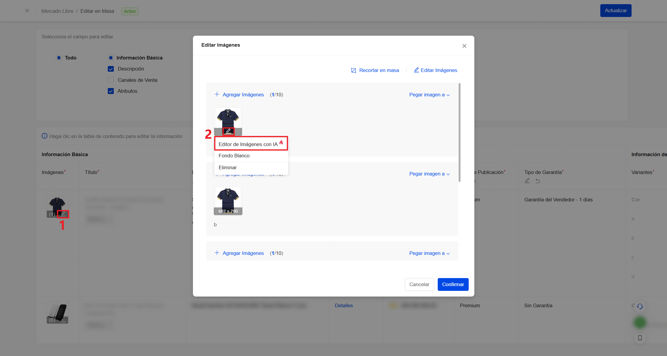 En la página de Editar en Masa, encuentra la imagen y haz clic en Editor de Imágenes con IA.