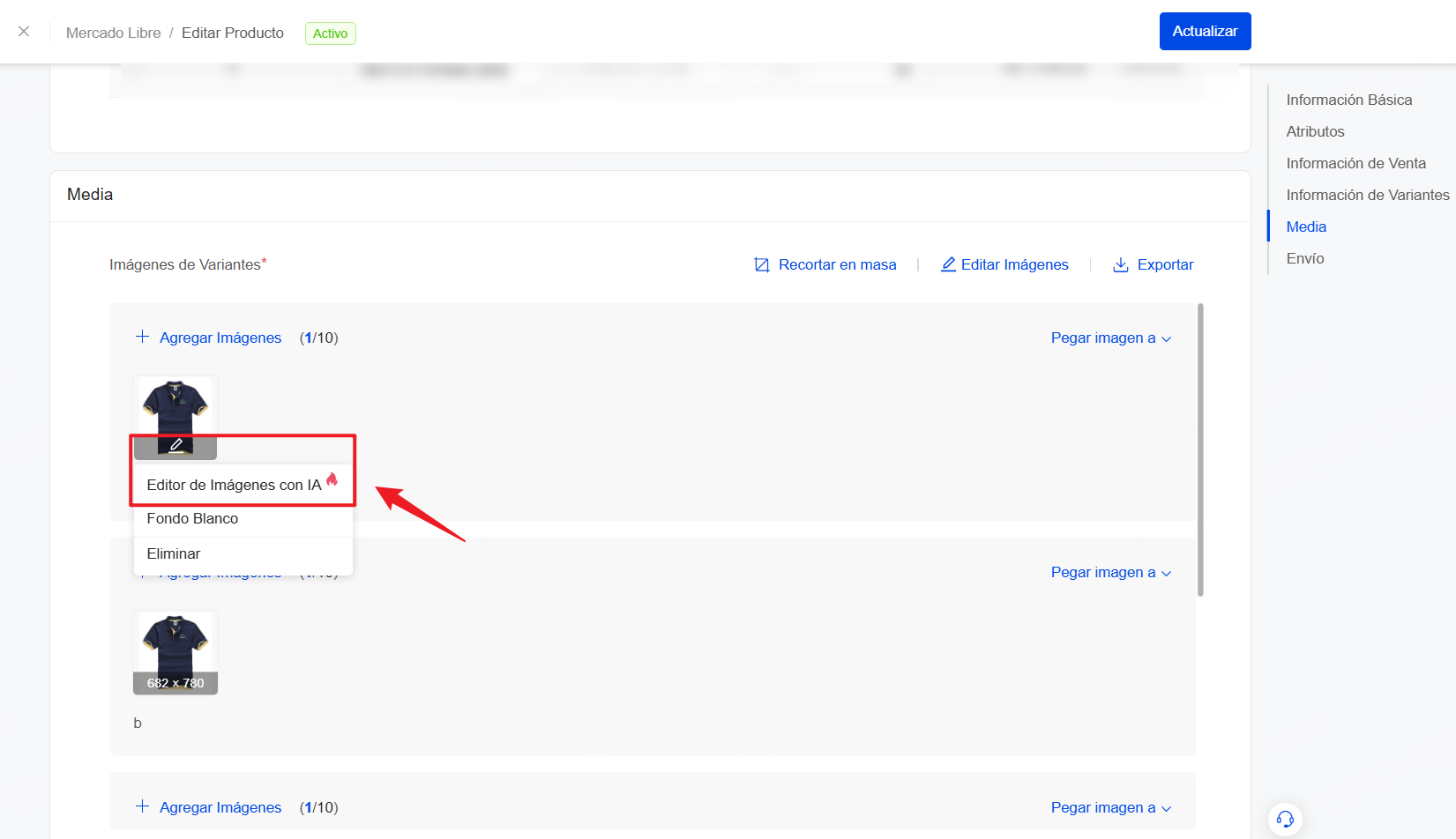 En la página de edición, encuentra la imagen y haz clic en Editor de Imágenes con IA.