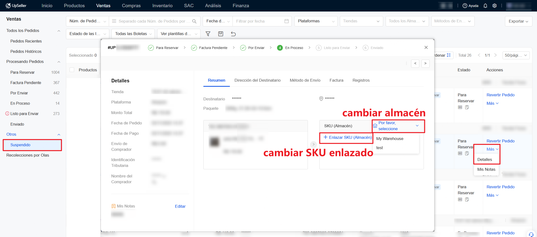 En la sección "Suspendido", realiza la operación de cambio de SKU y almacén del pedido