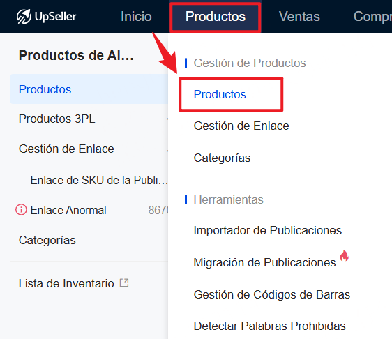 Haz clic en Productos >> Gestión de Productos >> Productos