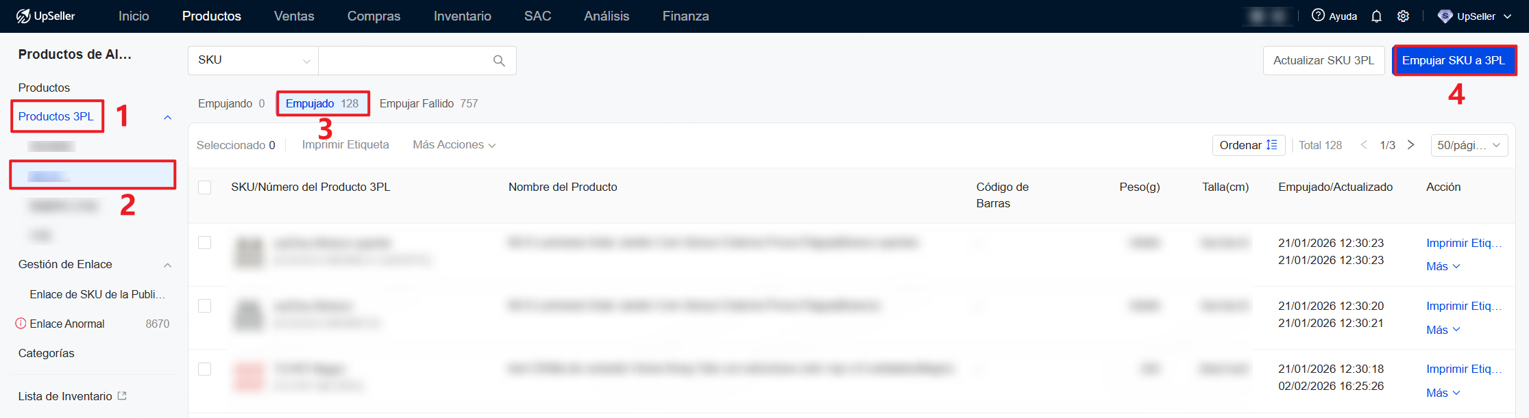 Productos 3PL >> Haz clic en el almacén 3PL correspondiente >> Empujado >> Empujar SKU a 3PL