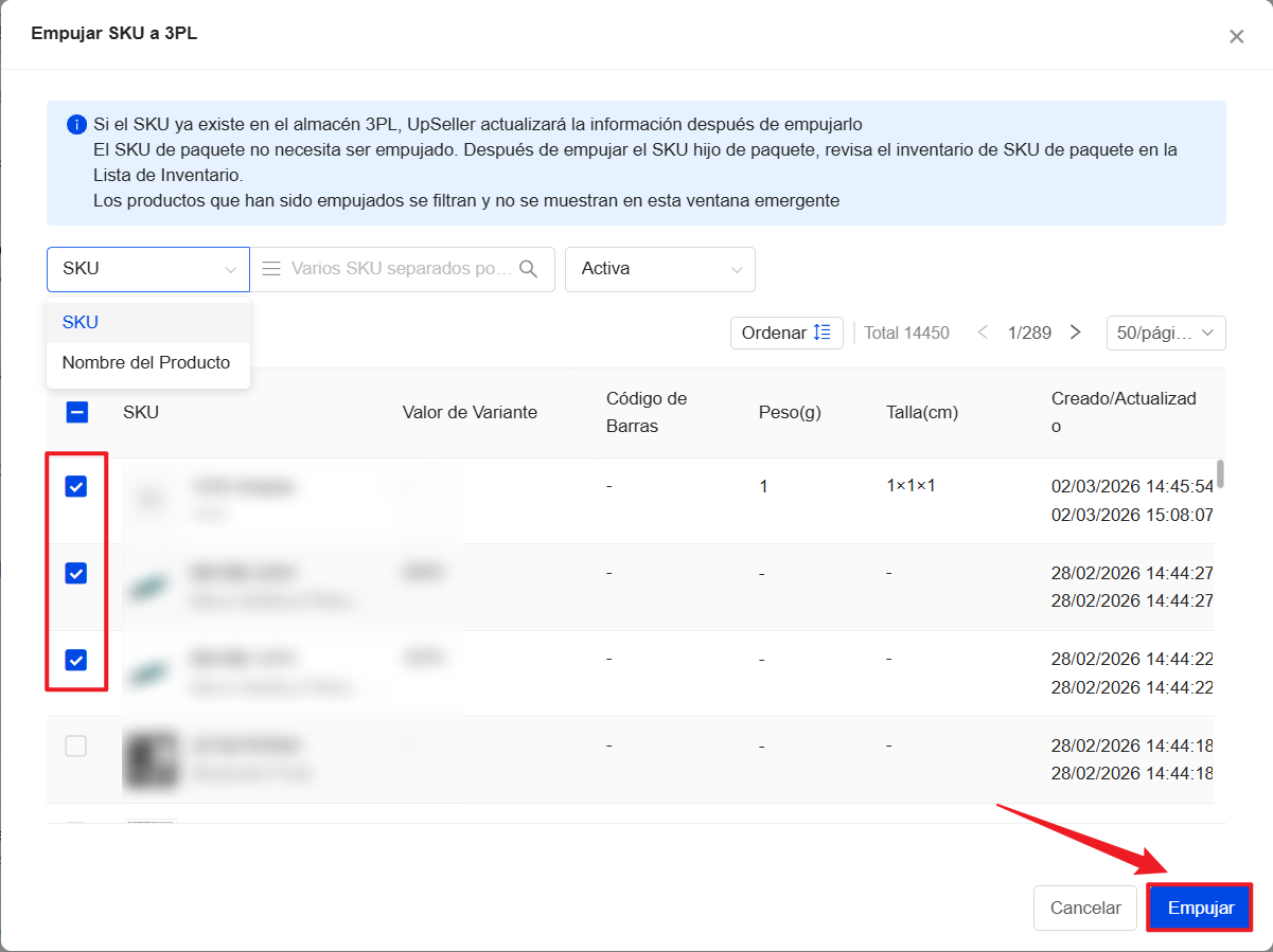 Puedes buscar el producto XXX utilizando Nombre del Producto/SKU, seleccionar el producto XXX y hacer clic en Empujar