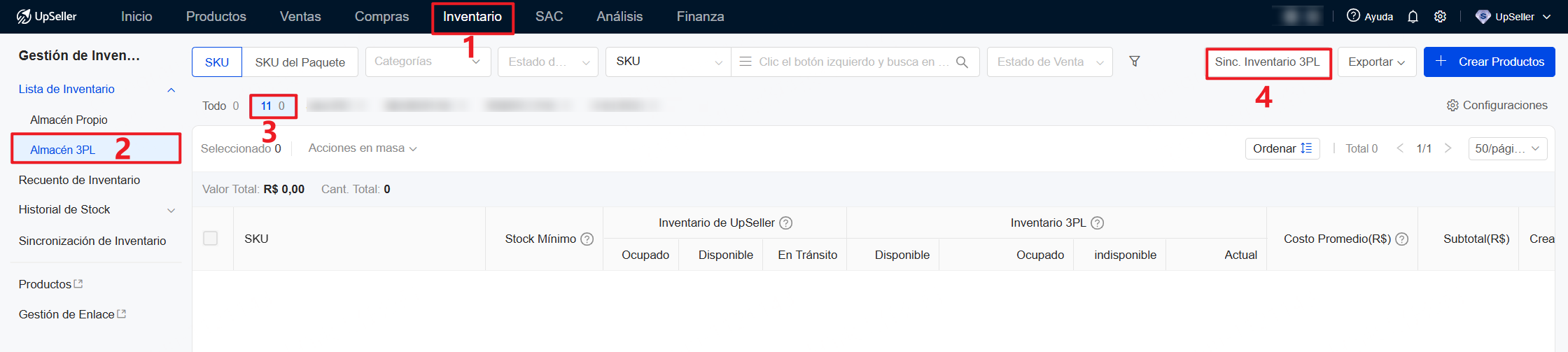 Haz clic en Inventario >> Lista de Inventario >> Almacén 3PL >> Seleccionar almacén 3PL correspondiente >> Haz clic en Sinc. Inventario 3PL