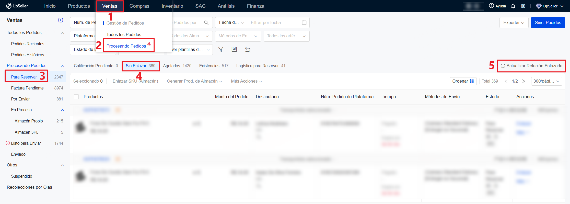 Haz clic en Ventas >> Procesando Pedidos >> Para Reservar >> Sin Enlazar >> Actualizar Relación Enlazada