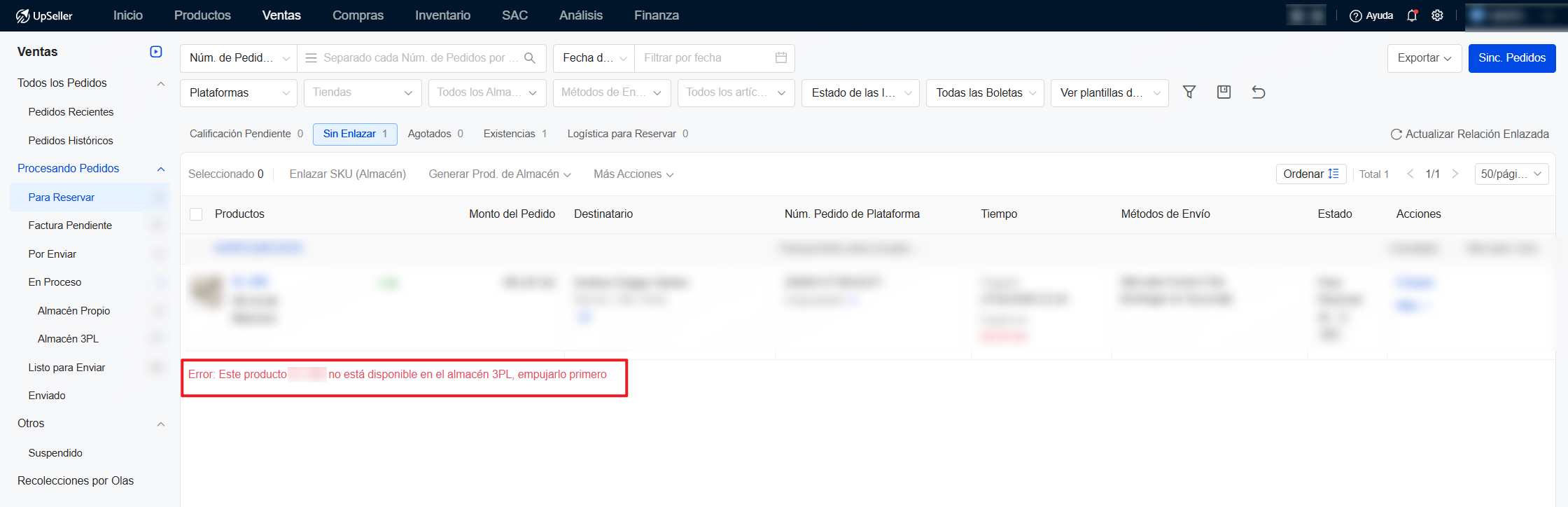 Error del pedido:  Este producto XXX no está disponible en el almacén 3PL, empujarlo primero