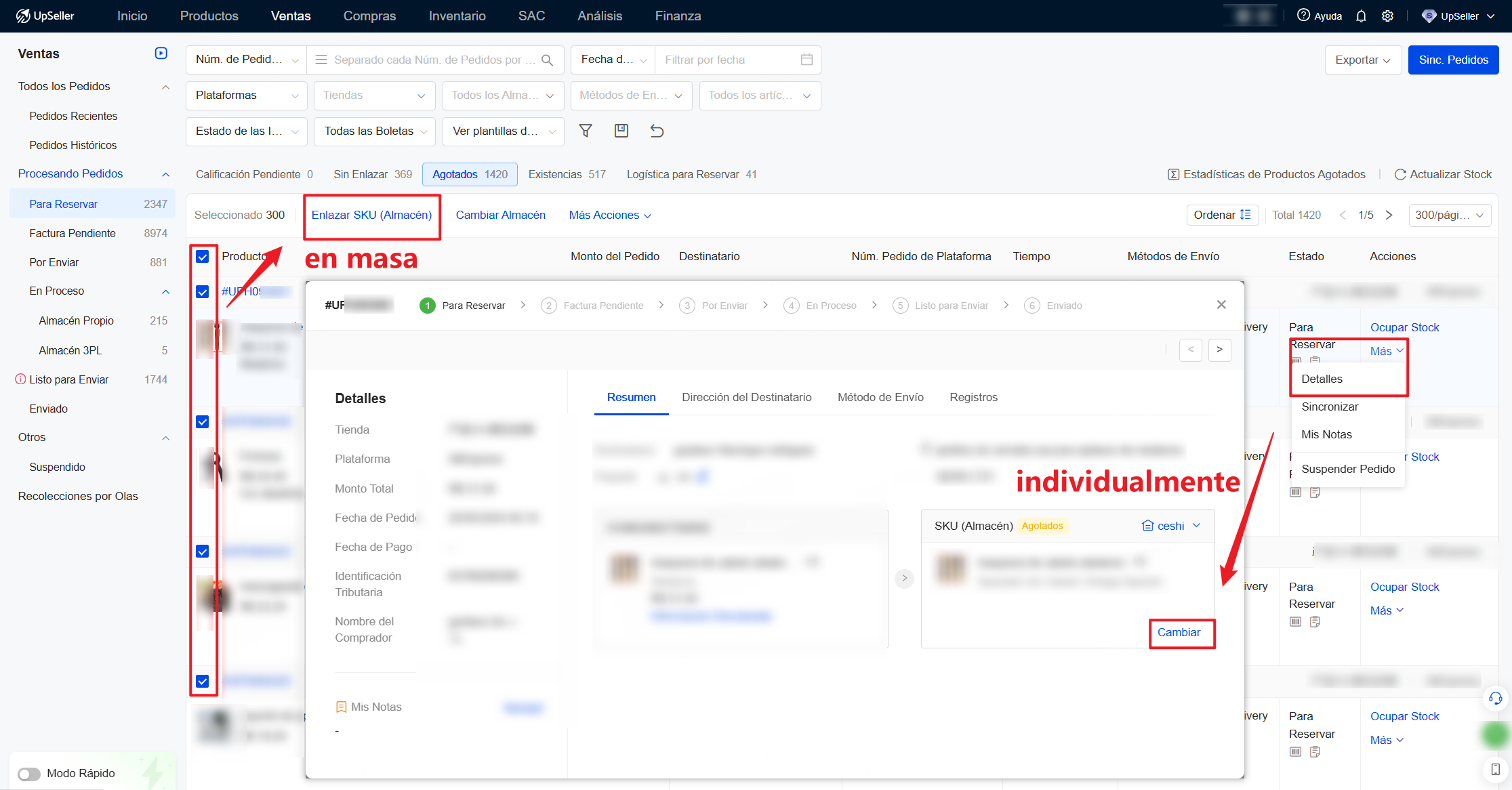 Si no es necesario reponer stock, sino cambiar el producto, deberás modificar SKU de almacén enlazado al pedido.