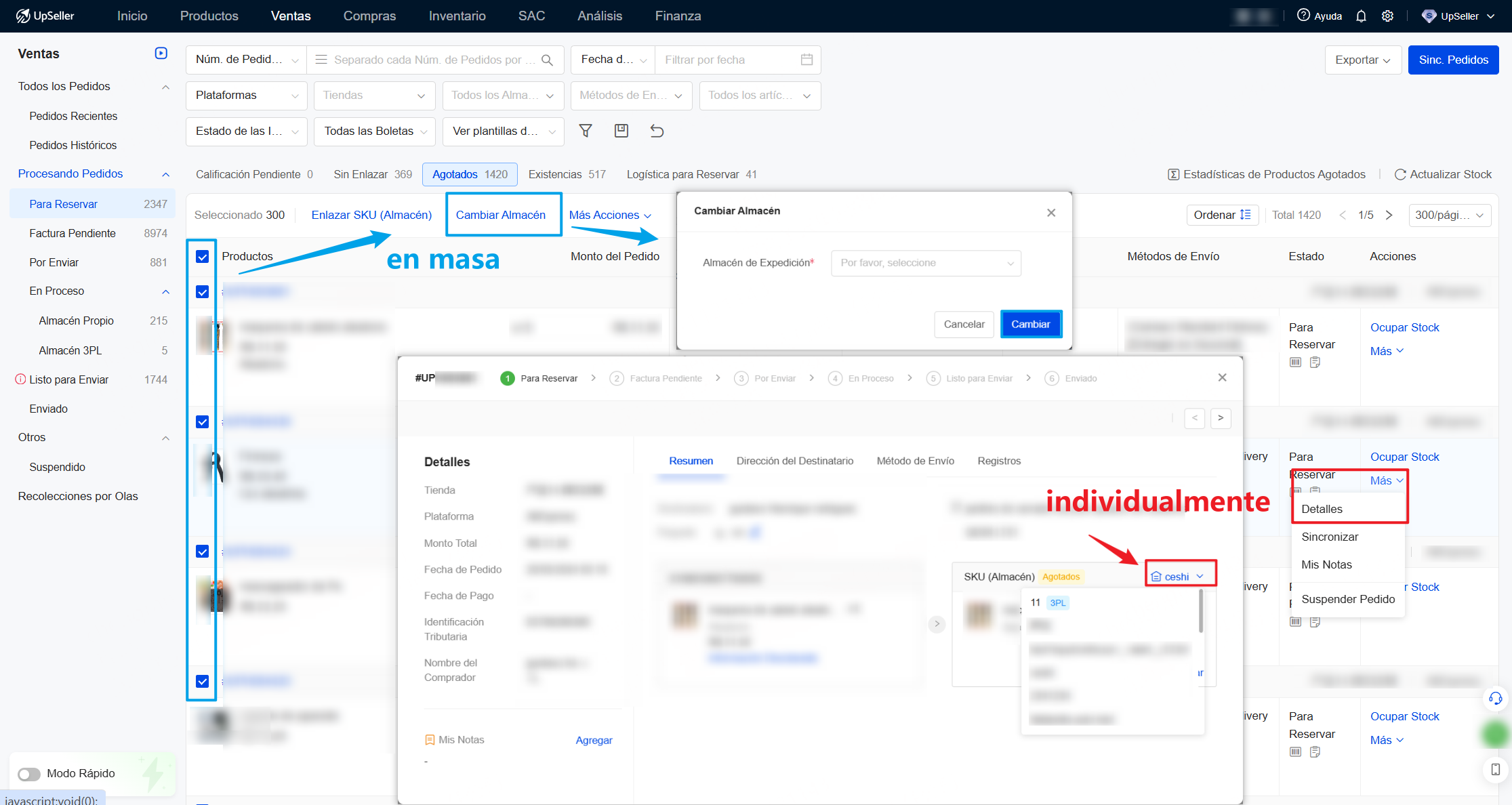 Si el producto no está disponible en el almacén A, pero sí en el almacén B, puedes cambiar el almacén del pedido de forma individual o masiva