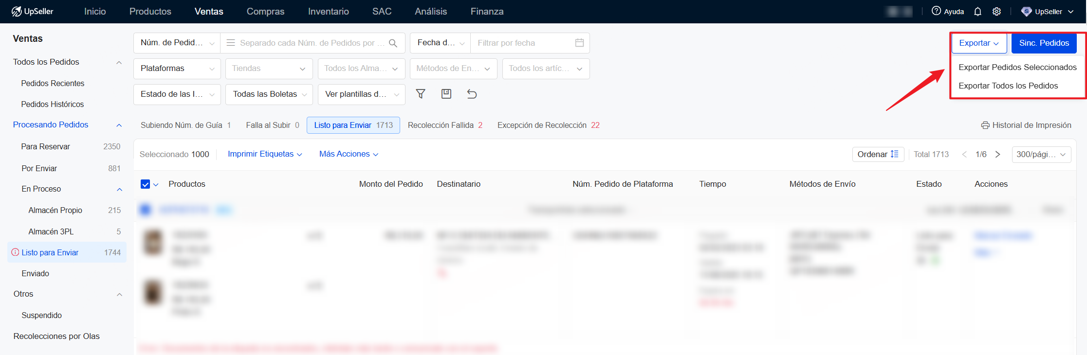 En el módulo de Ventas en cualquiera de las 5 secciones o estados encontrará un botón de lado derecho superior para exportar los datos de los pedidos seleccionadas o hasta 20000 como máximo en una sola ocasión.