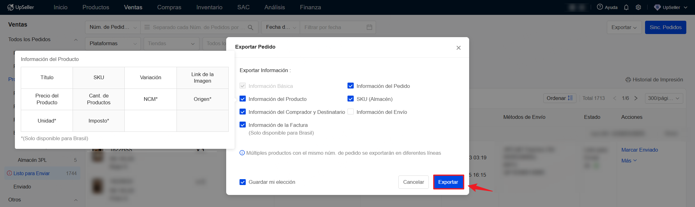 Una vez seleccionados los pedidos, elige la información para exportar. Cada una de las casillas contiene información más específica, haciendo clic en cada una podrá ver qué información contiene al elegirlas.