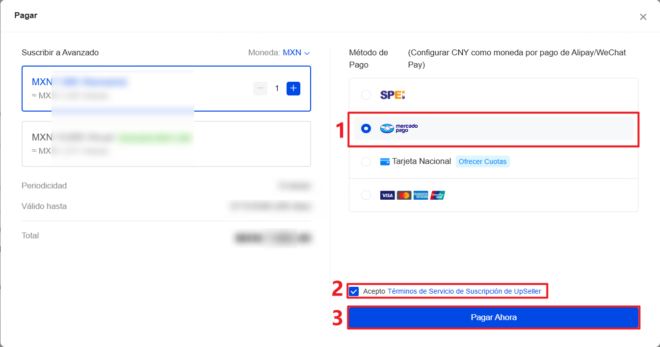 Selecciona Mercado Pago, Acepto Términos de Servicio de Suscripción de UpSeller y haz clic en Pagar Ahora