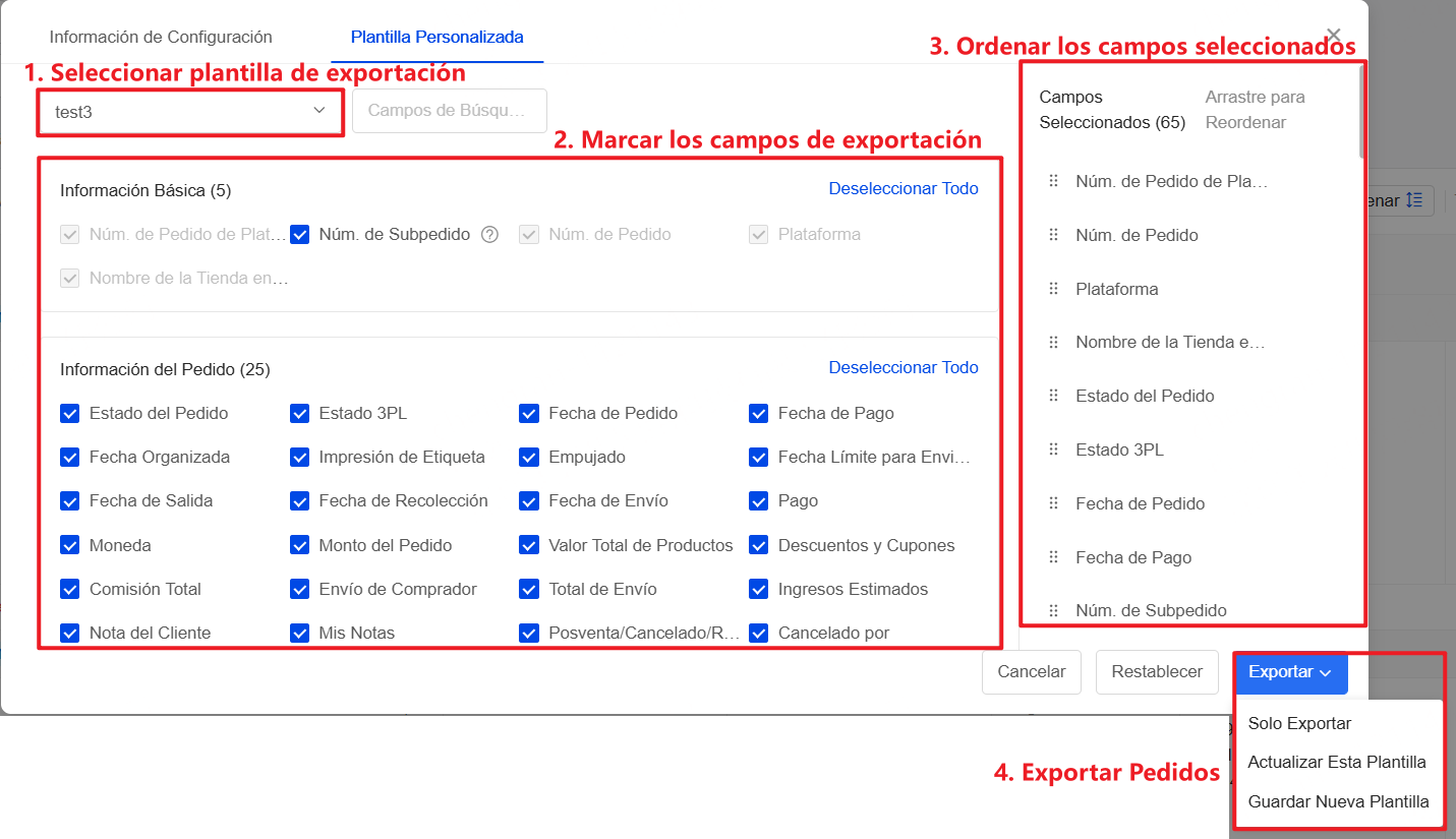 Selecciona los campos a exportar. A la derecha, arrastra para reordenar. Al exportar, puedes guardar la plantilla.